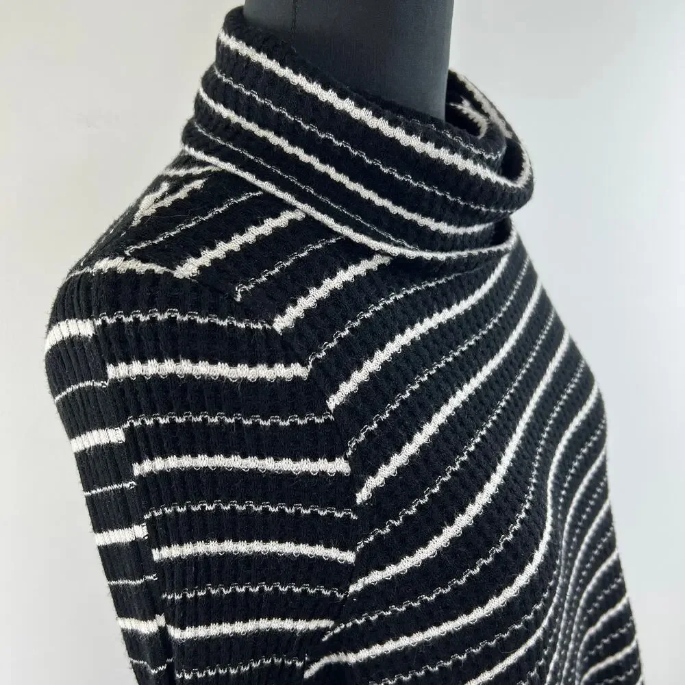 We The Free People Black White Striped Drippy Thermal Cowl Neck Top Size XS